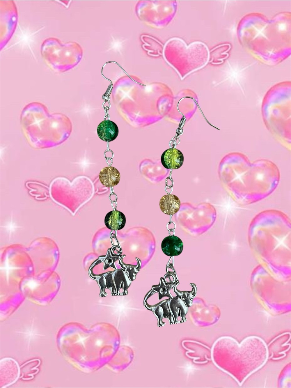 Green & Gold Beaded taurus Dangle Earrings